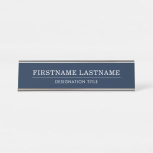 Porte-nom Pour Bureau Élégant bleu et blanc avec titre de nom simple lig