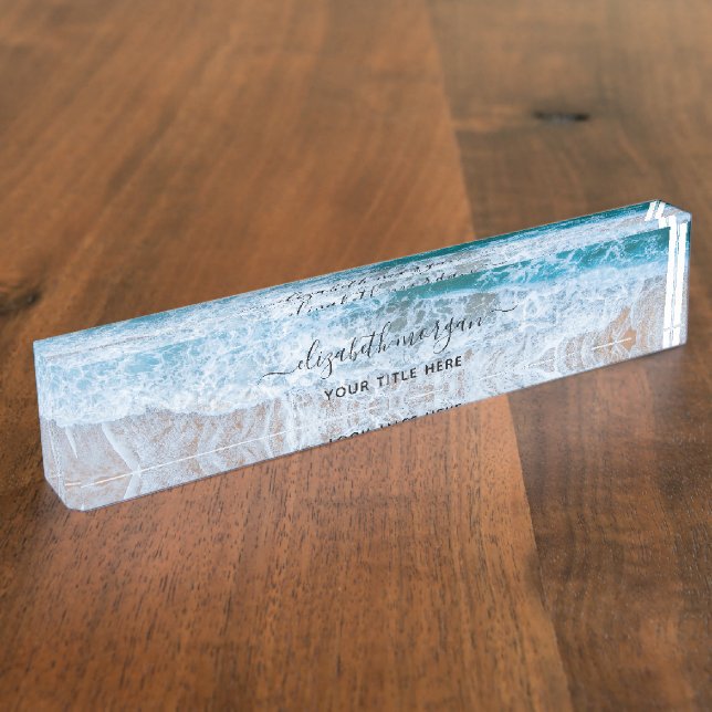 Porte-nom Pour Bureau Élégant Bleu Vert Aqua de Plage Signature Script (Taille)