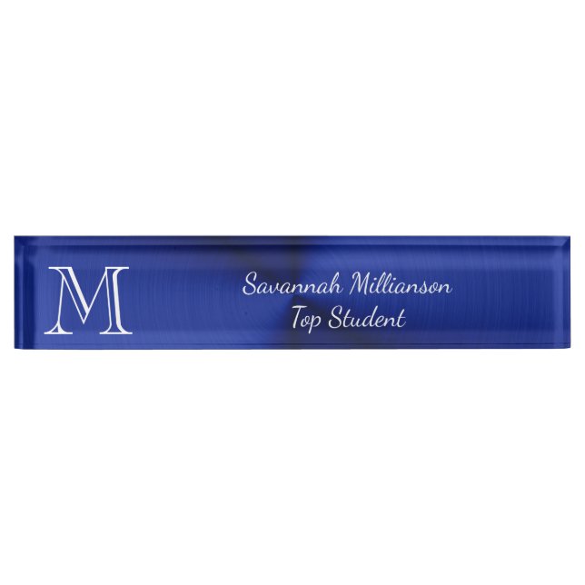 Porte-nom Pour Bureau Élégant Blue Faux métal Monogramme étudiant (Devant)