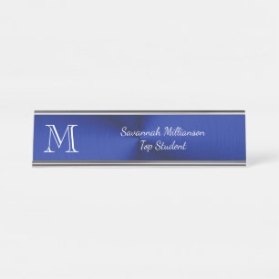 Porte-nom Pour Bureau Élégant Blue Faux Metal Monogramme étudiant