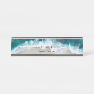 Porte-nom Pour Bureau Élégant Blue Green Beach Script enseignant