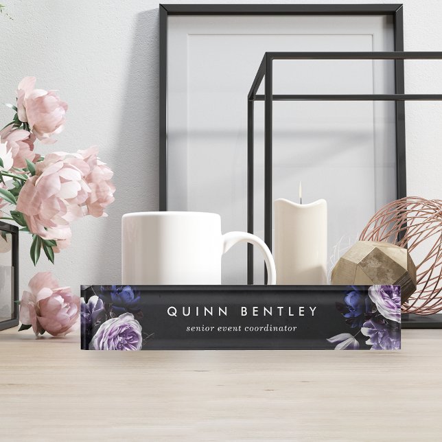 Porte-nom Pour Bureau Élégant Bouquet floral violet foncé (Créateur téléchargé)