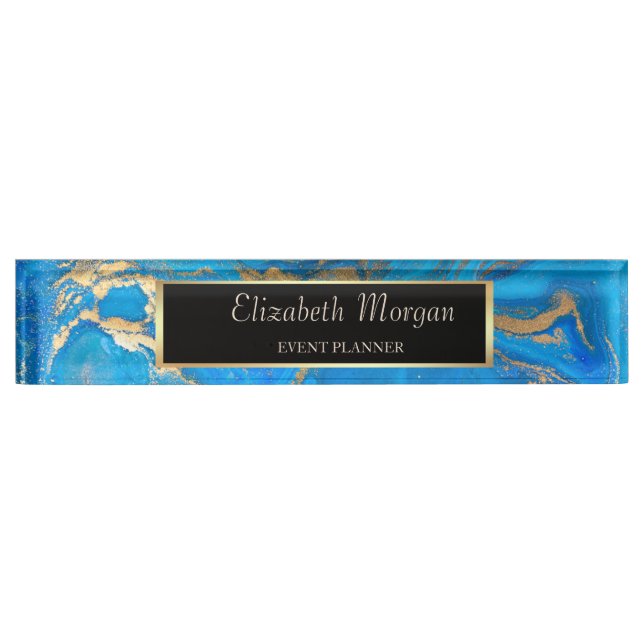Porte-nom Pour Bureau Elégant Cadre Or Design, Marbre Bleu (Devant)