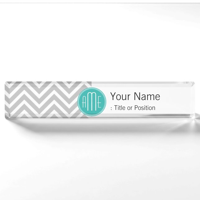 Porte-nom Pour Bureau Élégant chevron gris moderne et monogramme menthe (Devant)