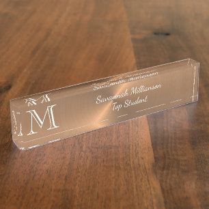 Porte-nom Pour Bureau Élégant Cuivre Faux Métal Monogramme Étudiant