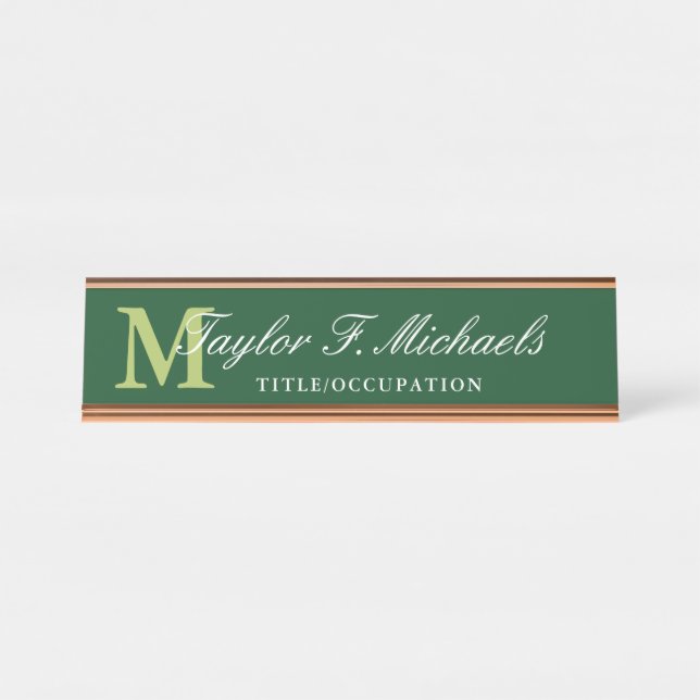 Porte-nom Pour Bureau Elegant Dark Green Lime Monogram & Name (Devant)