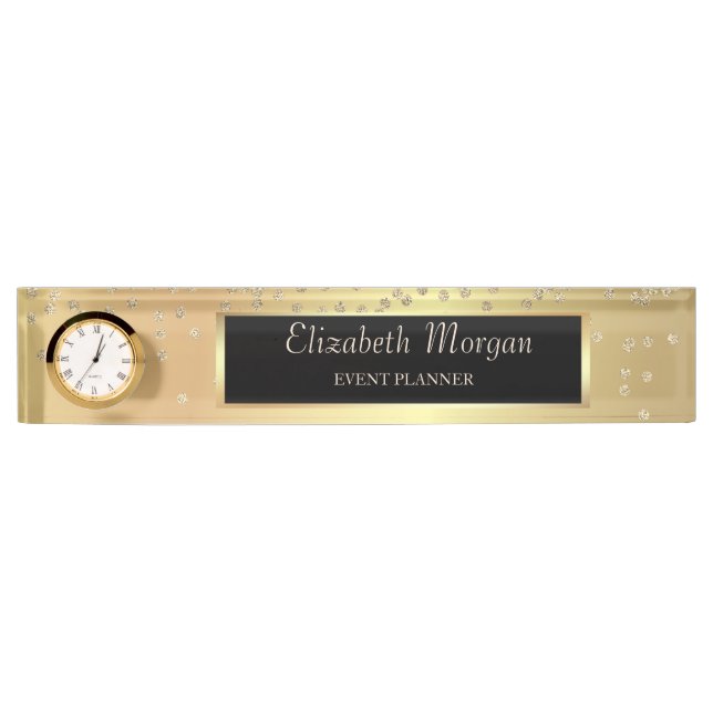 Porte-nom Pour Bureau Élégant Diamants Or Stylés (Devant)