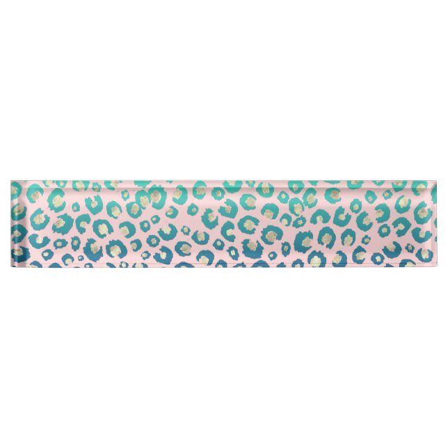 Porte-nom Pour Bureau Élégant empreinte de léopard or bleu Mint Gradient (Devant)