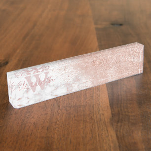 Porte-nom Pour Bureau Élégant faux rose en or confetti image en marbre