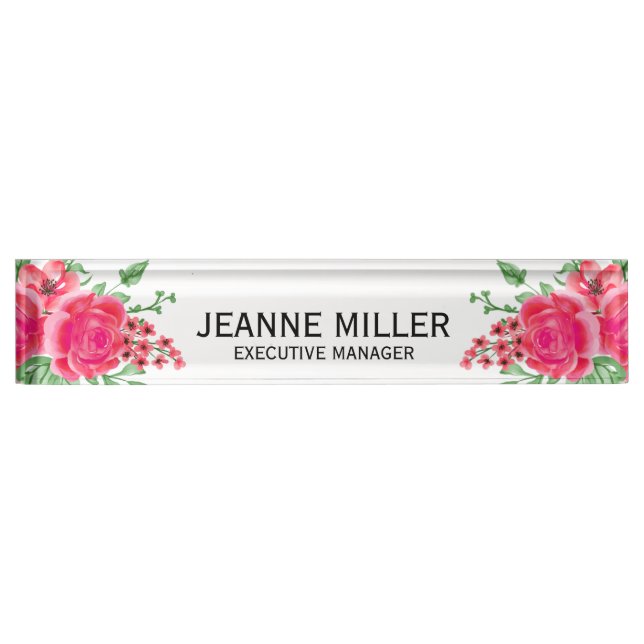 Porte-nom Pour Bureau Elégant Fuchsia Rose Rose Flowers Manager Blanc (Devant)