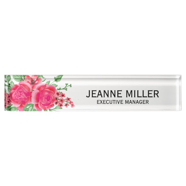 Porte-nom Pour Bureau Elégant Fuchsia Rose Rose Flowers Manager Blanc (Devant)