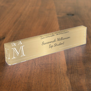 Porte-nom Pour Bureau Élégant Gold Faux métal Monogramme étudiant