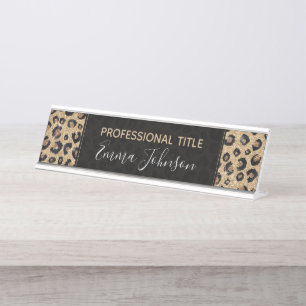 Porte-nom Pour Bureau Elegant Gold Glitter Black Leopard