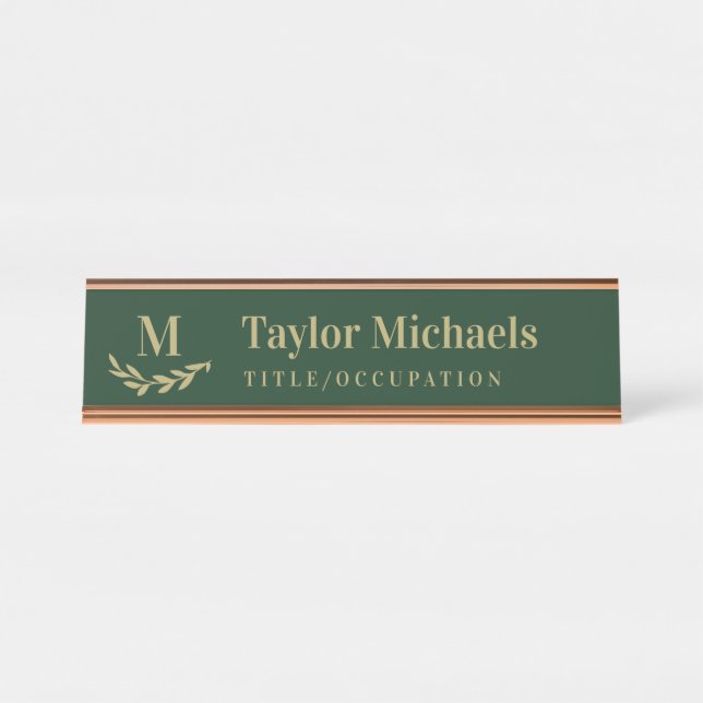 Porte-nom Pour Bureau Elegant Greenery Tan Dark Green Monogram & Name (Devant)