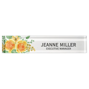 Porte-nom Pour Bureau Elégant Jaune Orange Rose Flowers Manager Blanc