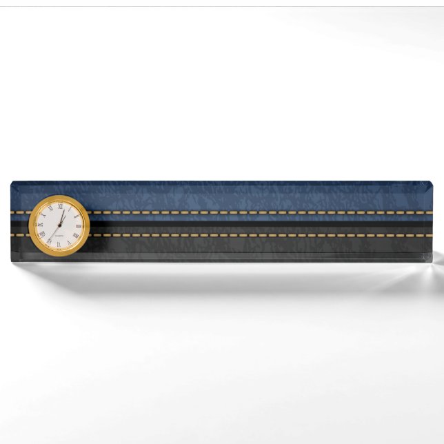 Porte-nom Pour Bureau Élégant Luxe Cuir Aspect Bleu Noir (Devant)