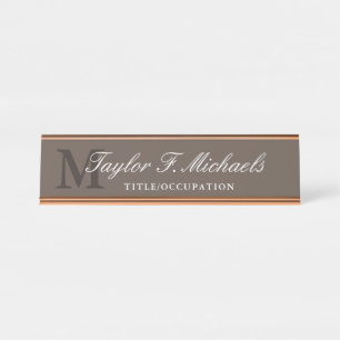 Porte-nom Pour Bureau Élégant Monogramme blanc Brown et nom