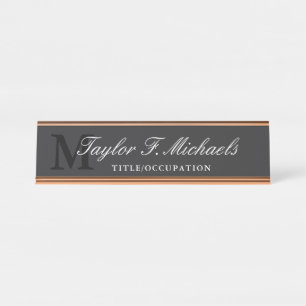 Porte-nom Pour Bureau Élégant monogramme blanc de charbon de bois et nom