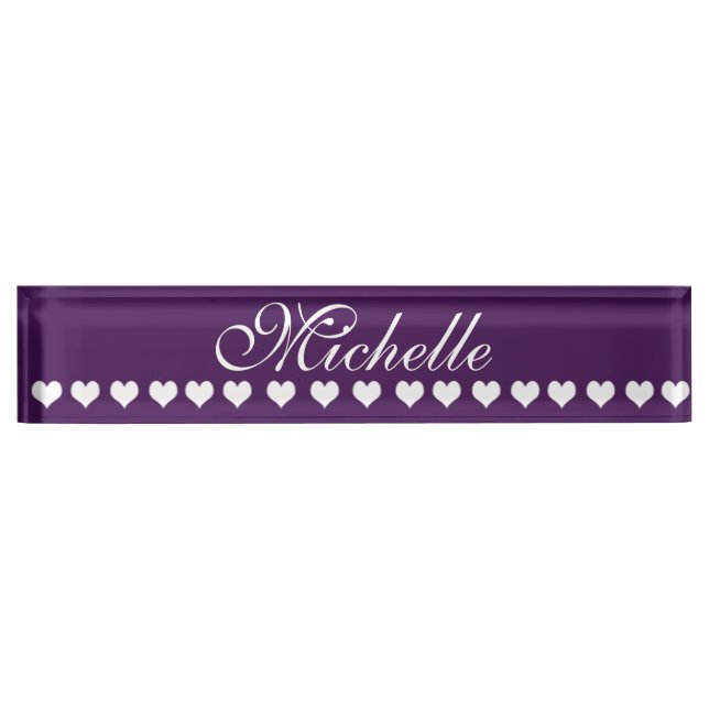 Porte-nom Pour Bureau Élégant Monogramme Coeurs blancs Eggplant pourpre (Devant)