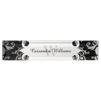 Porte-nom Pour Bureau Élégant motif monogramme damassé