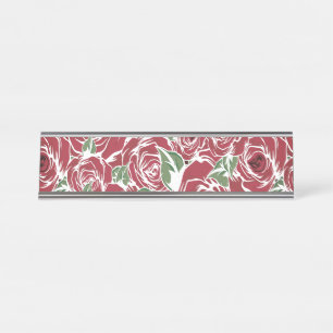 Porte-nom Pour Bureau Elégant Motif Rose Vintage - Rouge & Vert Floral