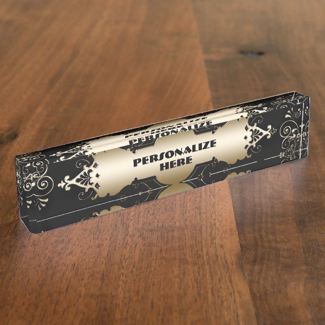 Porte-nom Pour Bureau Élégant noir et or victorien (Taille)