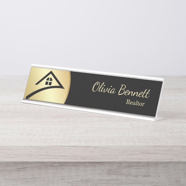 Porte-nom Pour Bureau Élégant Noir & Or (Devant)