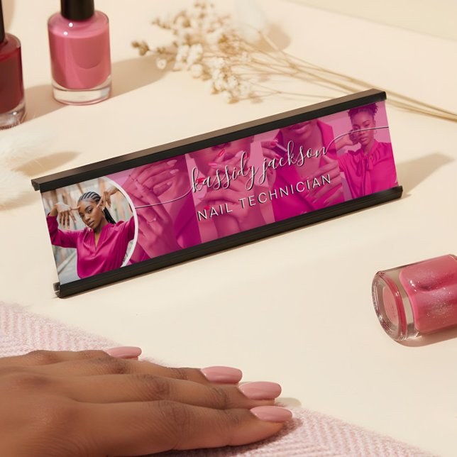 Porte-nom Pour Bureau Élégant Nom de Script de Technicien en Ongles Mode (Modern Pink Photo Collage Script Calligraphy Name Desk Name Plate)