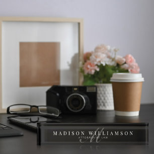 Porte-nom Pour Bureau Élégant Nom Exécutif Minimal & Monogramme Noir