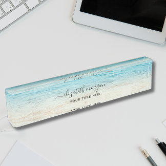 Porte-nom Pour Bureau Élégant Océan de la Mer de la Plage Écrit Bleu Ver