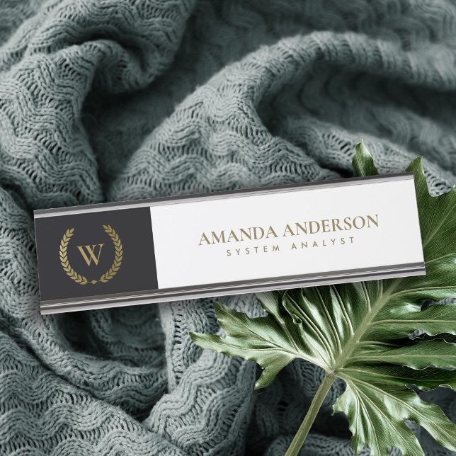 PORTE-NOM POUR BUREAU ÉLÉGANT OR FLORAL LAUREL WREATING MONOGRAM INITIAL (Créateur téléchargé)