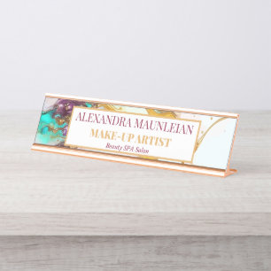 Porte-nom Pour Bureau Elégant or Fox marbre Monogramme Beauté Salon
