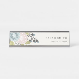 Porte-nom Pour Bureau Élégant Pastel Boho Blush Blue Green Leafy Floral