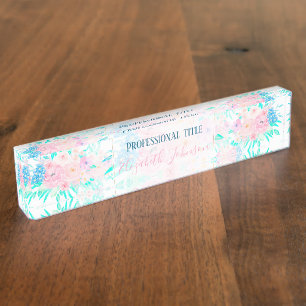 Porte-nom Pour Bureau Élégant peinture florale rose pâle