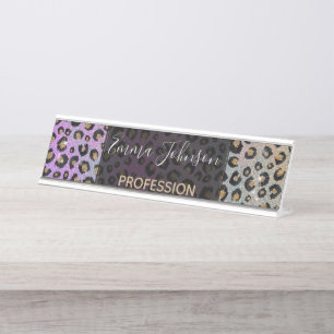 Porte-nom Pour Bureau Elegant Pink Blue Gold Glitter Black Leopard