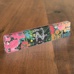 Porte-nom Pour Bureau Elegant Pink watercolor Floral Bouquet Design