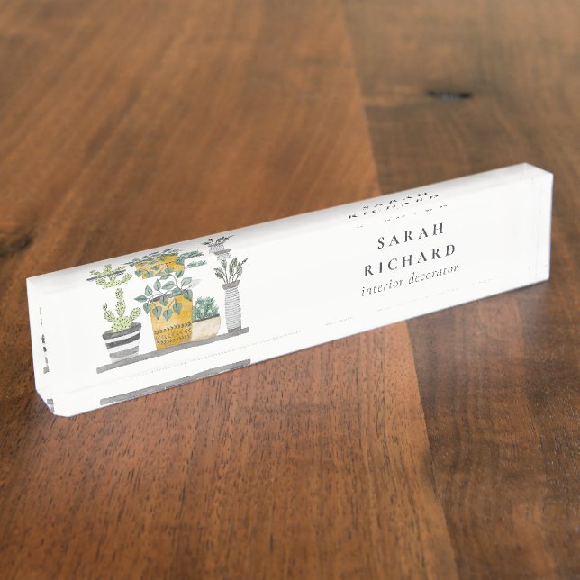 Porte-nom Pour Bureau Elégant Plante à pots Maison Aquarelle Botanique (Taille)