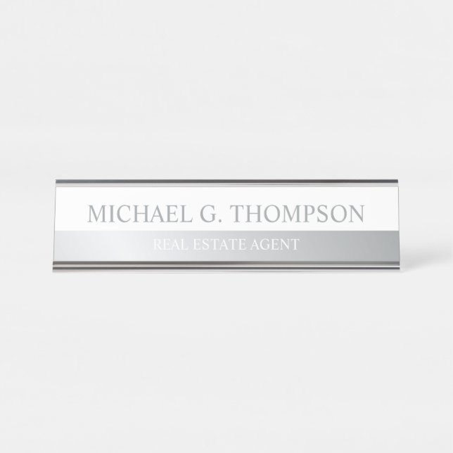 Porte-nom Pour Bureau Élégant professionnel blanc et argent (Devant)