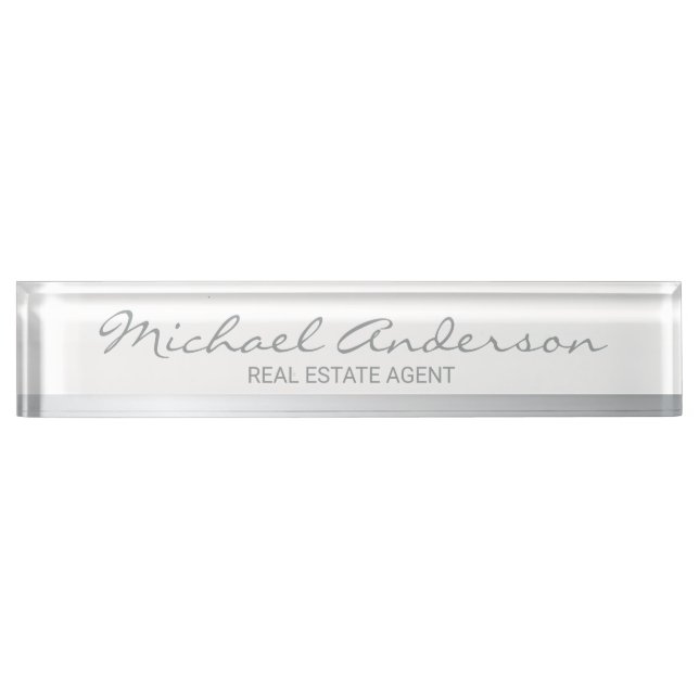 Porte-nom Pour Bureau Élégant Professionnel Blanc et Argent (Devant)