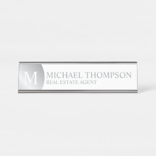 Porte-nom Pour Bureau Élégant professionnel blanc et argent