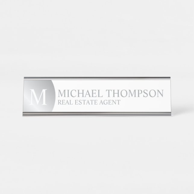 Porte-nom Pour Bureau Élégant professionnel blanc et argent (Devant)
