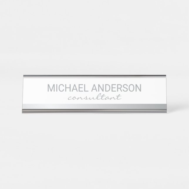 Porte-nom Pour Bureau Élégant professionnel blanc et argent (Devant)