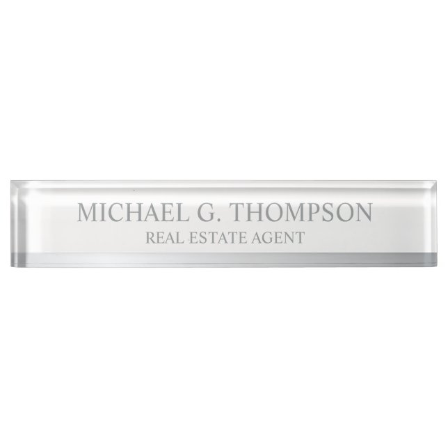 Porte-nom Pour Bureau Élégant professionnel blanc et argent (Devant)