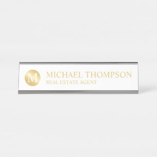 Porte-nom Pour Bureau Élégant professionnel blanc et or