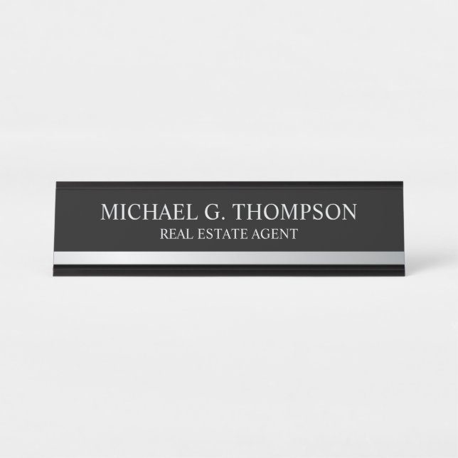 Porte-nom Pour Bureau Élégant professionnel noir et argent (Devant)