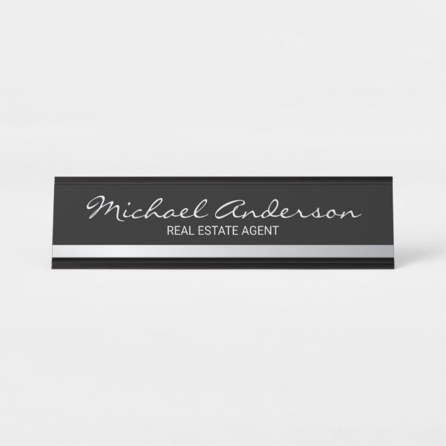 Porte-nom Pour Bureau Élégant professionnel noir et argent (Devant)