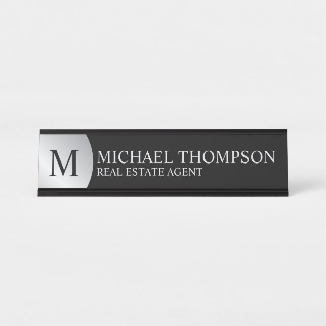 Porte-nom Pour Bureau Élégant professionnel noir et argent (Devant)
