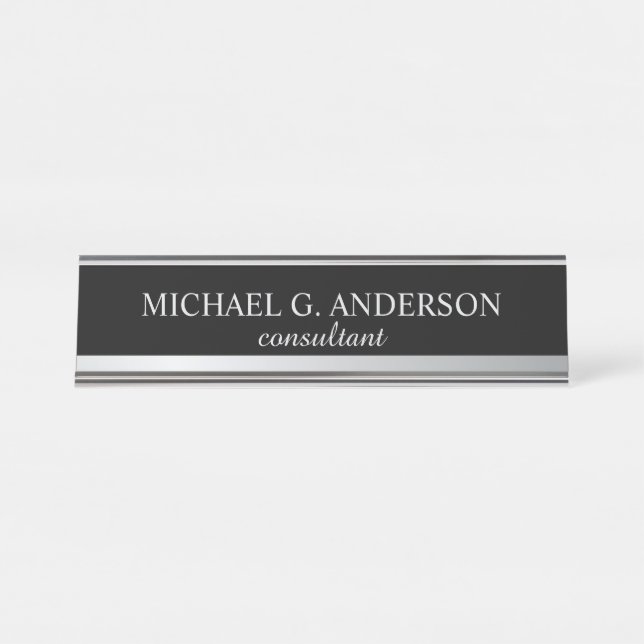 Porte-nom Pour Bureau Élégant professionnel noir et argent (Devant)