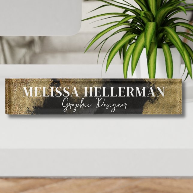 Porte-nom Pour Bureau Élégant Professionnel Or Noir (Elegant Professional Black Gold Desk Name Plate)