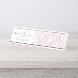Porte-nom Pour Bureau Elégant Rose Blanc Or Oeil Soleil Lune Mandala